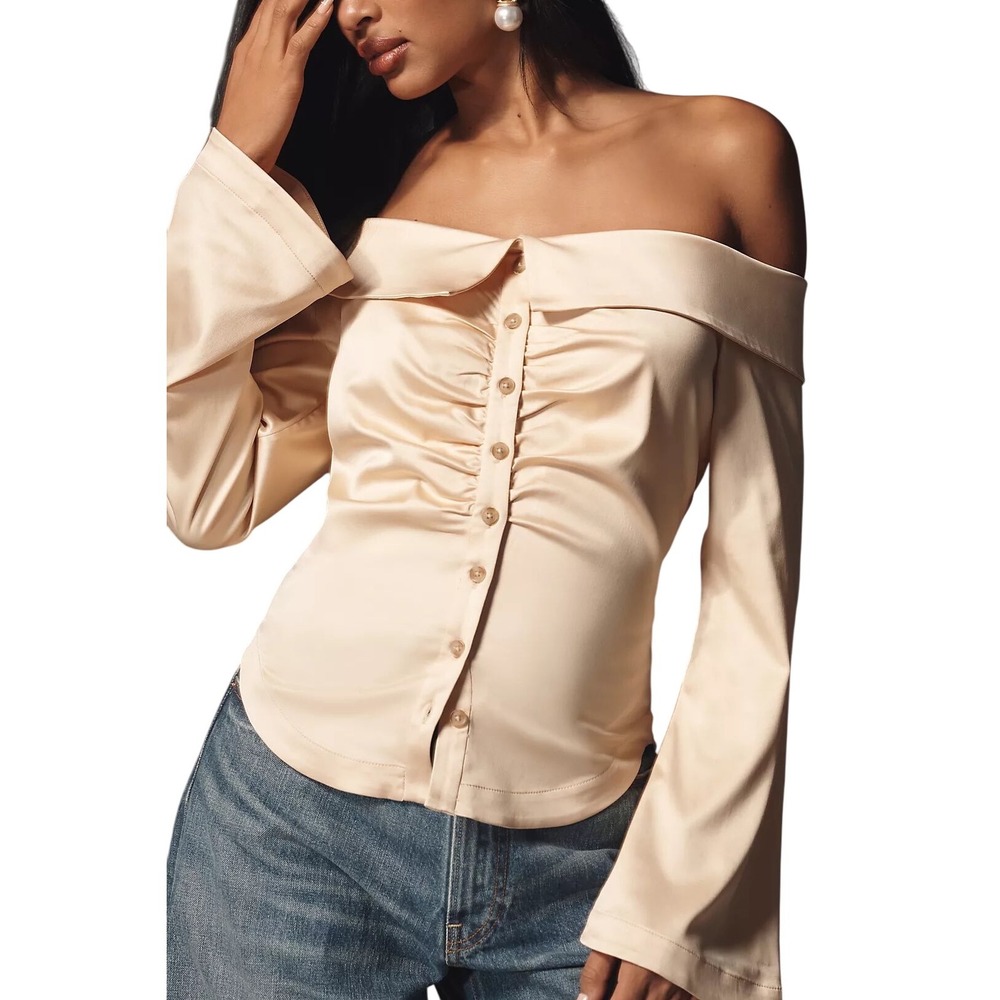 Anthropologie Off-The-Shoulder Wrap Collared Silky Button Front Shirt xxs - Picture 2 of 10